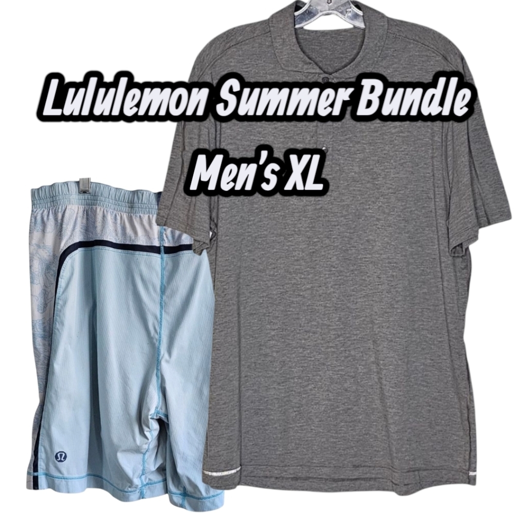 Lululemon Summer Bundle Light Blue Swim Trunks with Grey Polo Shirt Men's XL